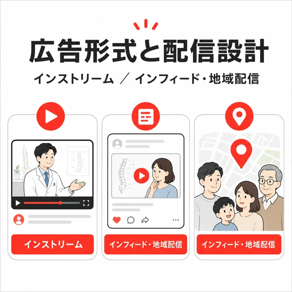 インストリーム広告やインフィード動画、地域配信を使い分ける配信設計を示すイラスト