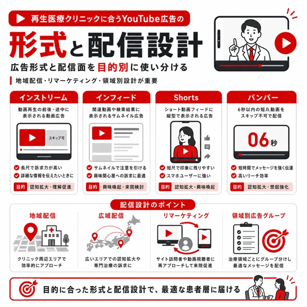 再生医療クリニックに合うYouTube広告形式と地域配信やリマーケティングの設計を示すイラスト