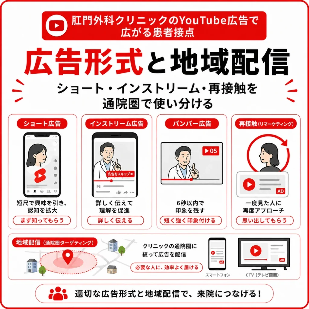 肛門外科のYouTube広告に合う広告形式と通院圏への地域配信を整理したイラスト