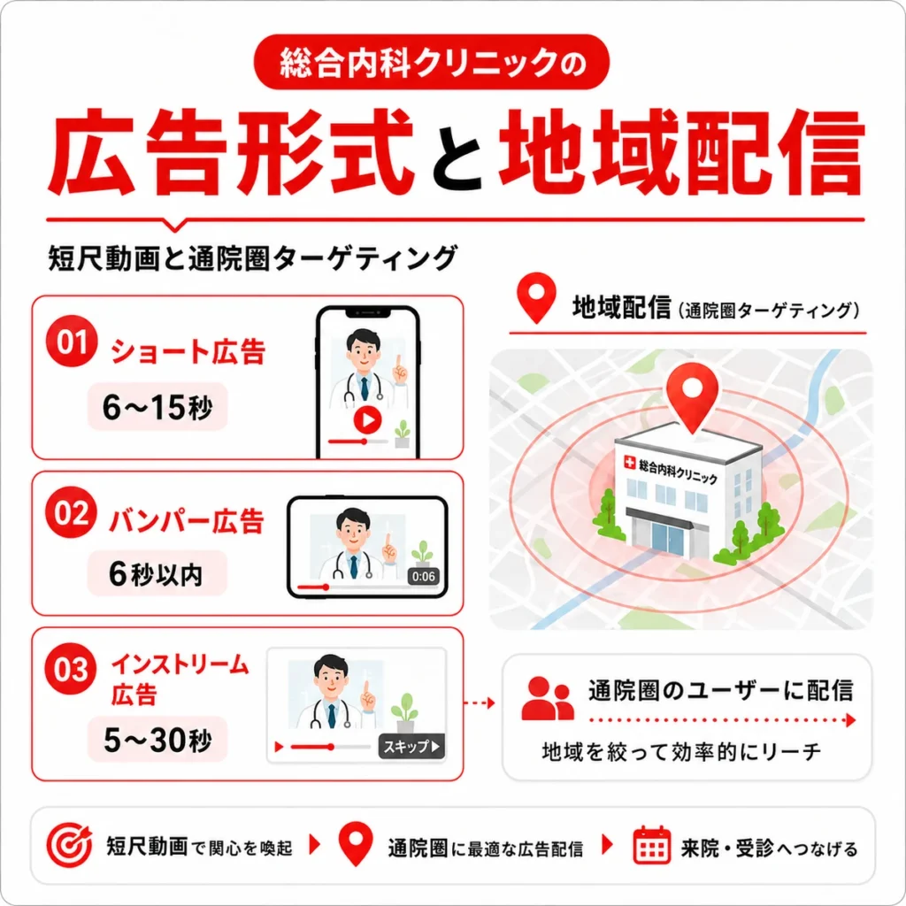ショート広告やバンパー広告と通院圏への地域配信設計を示すイラスト
