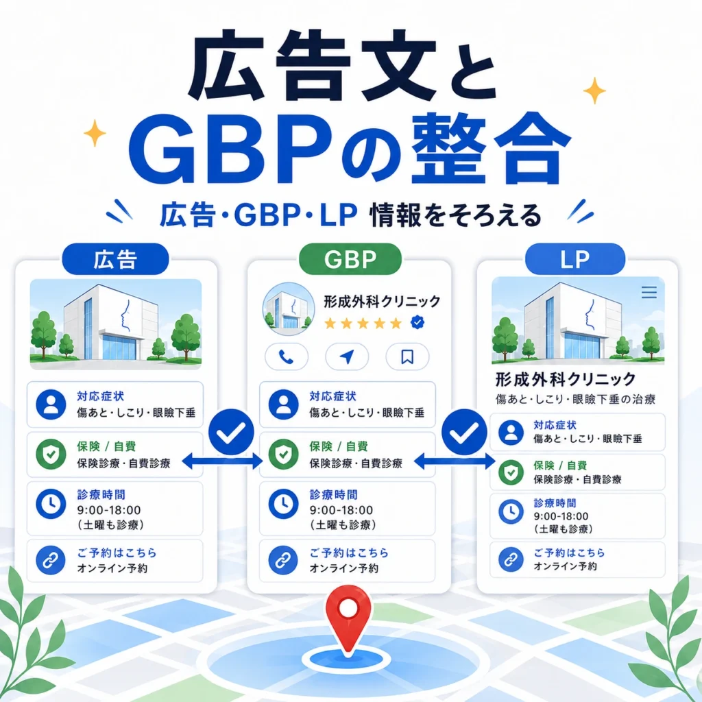 広告文とGBPとLPの情報をそろえて形成外科クリニックの信頼性を高めるイラスト