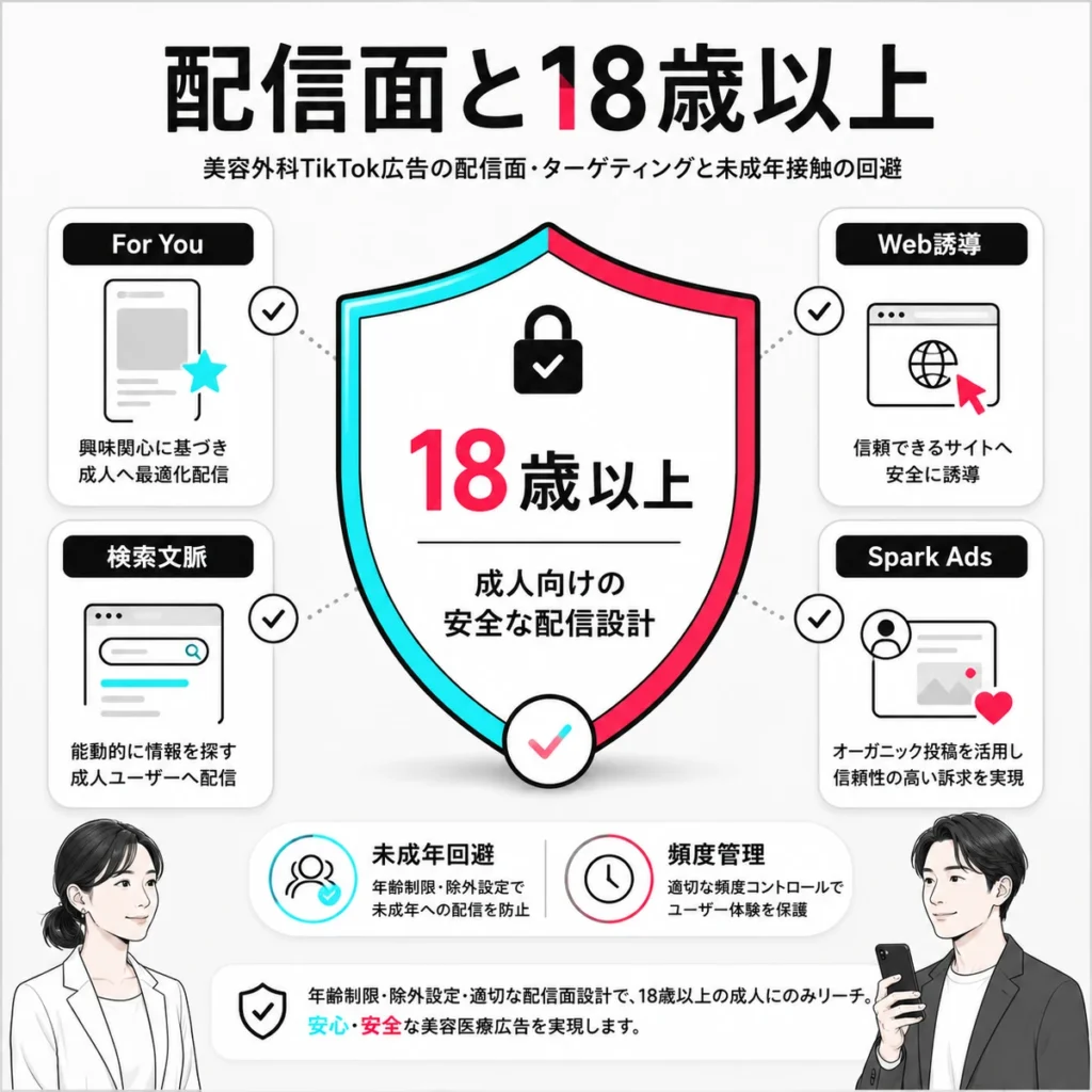 美容外科TikTok広告の配信面と18歳以上への安全なターゲティング設計を示すイラスト