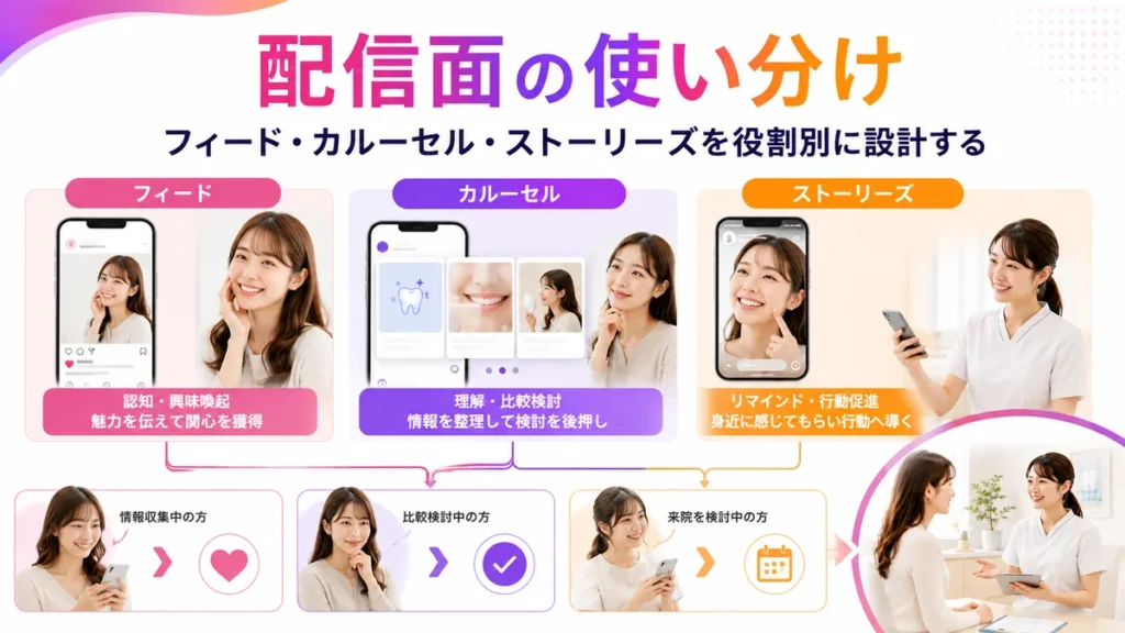 配信面とオーディエンスを役割別に設計するイラスト