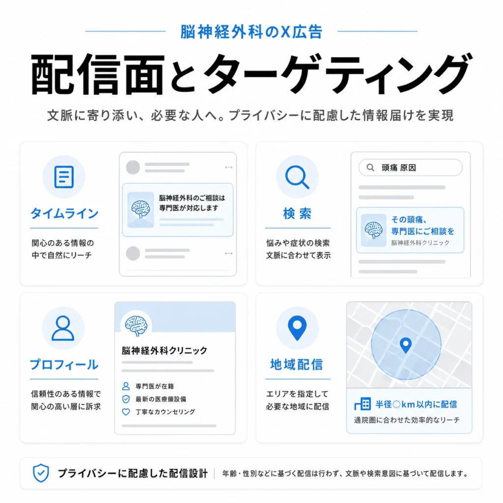 X広告の配信面や検索文脈、地域配信などターゲティング設計を示すイラスト