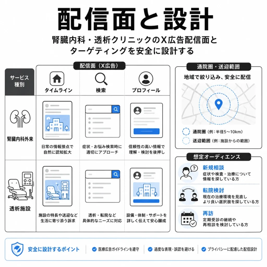 腎臓内科外来と透析施設で配信面やターゲティングを安全に分ける設計図