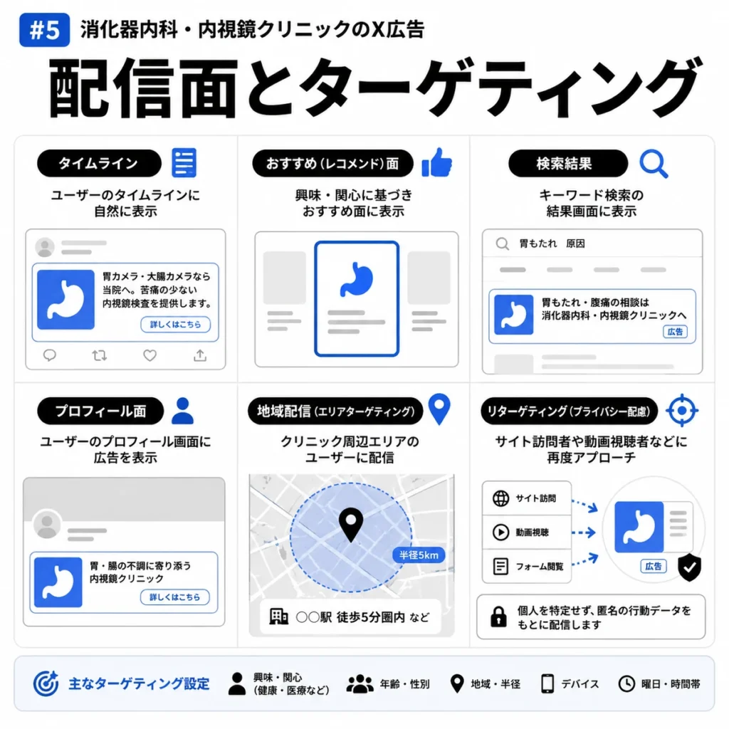 消化器内科のX広告における配信面と地域ターゲティングの設計を示すイラスト