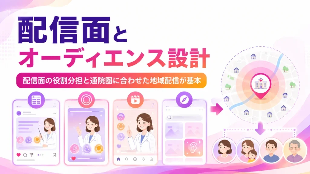 フィードやリールなどの配信面と地域オーディエンス設計を示すイラスト