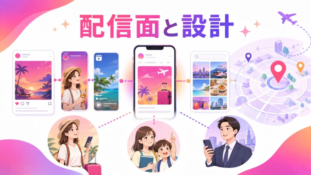 渡航予定者と法人に届く配信面とオーディエンス設計のイラスト