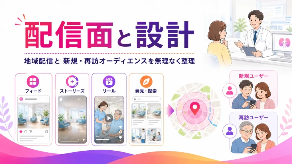 配信面と地域配信、新規・再訪オーディエンス設計を整理する図解