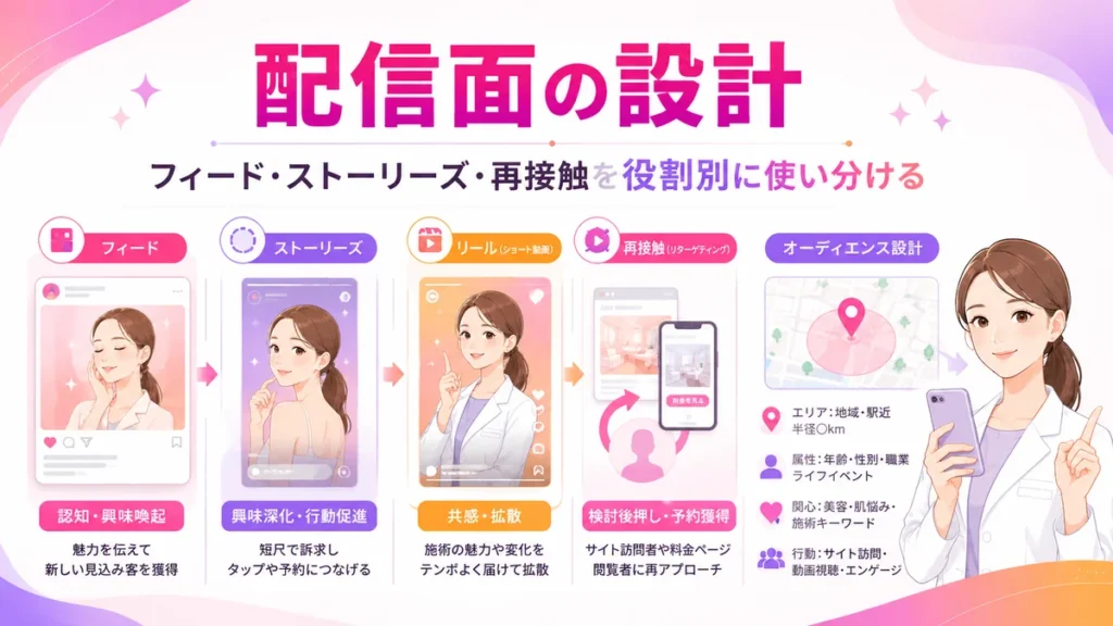 美容皮膚科Instagram広告の配信面とオーディエンス設計を示すイラスト