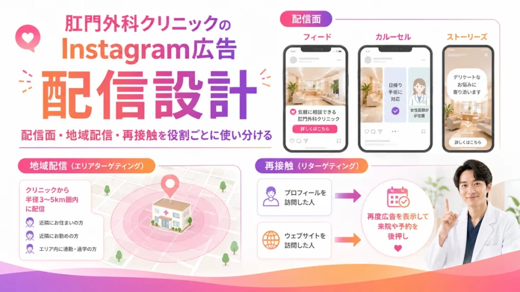 Instagram広告の配信面と地域配信や再接触の設計を示すイラスト