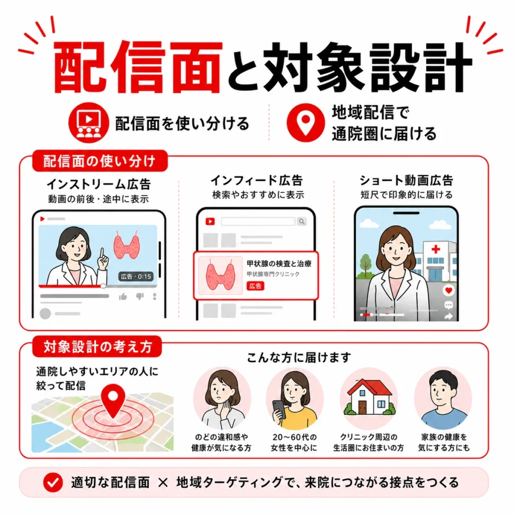 甲状腺専門クリニックに向くYouTube広告の配信面と地域ターゲティングを説明するイラスト