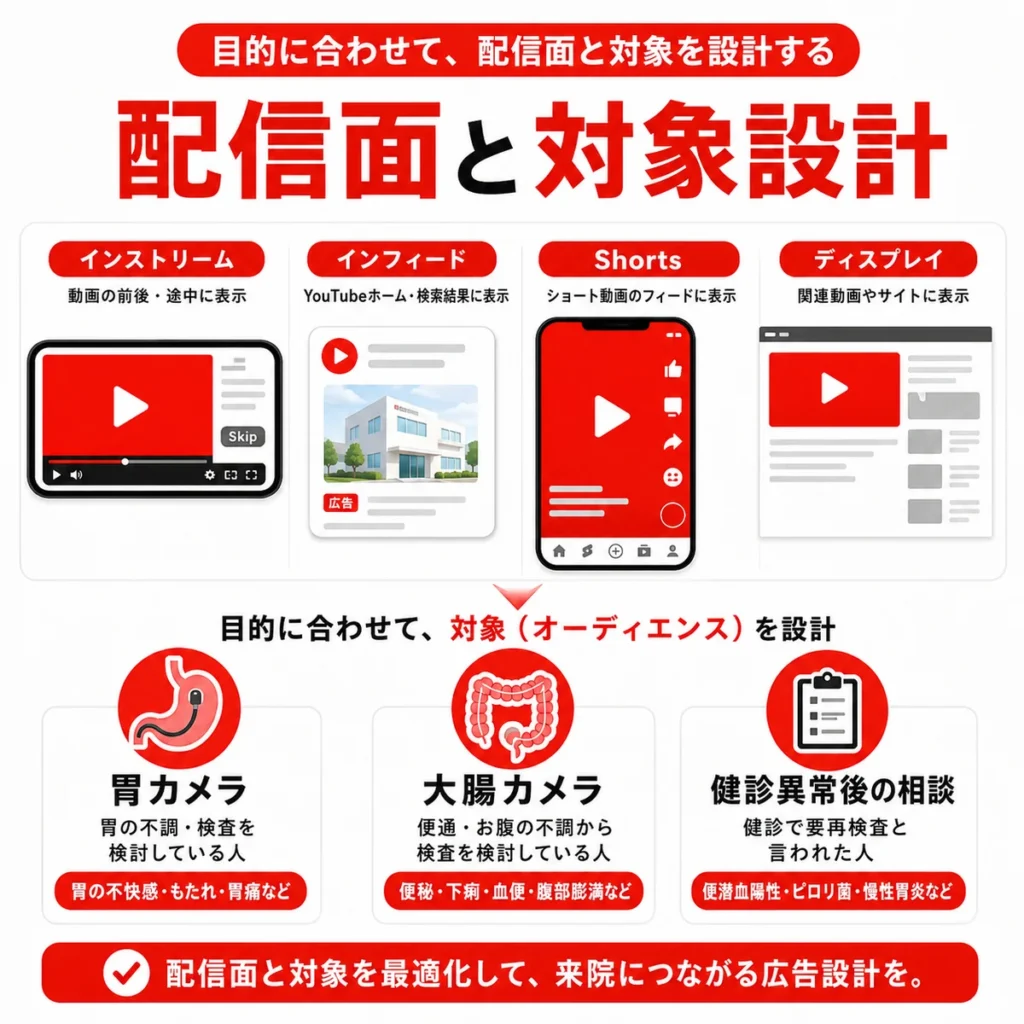 内視鏡検査に合うYouTube広告の配信面とオーディエンス設計を説明するイラスト