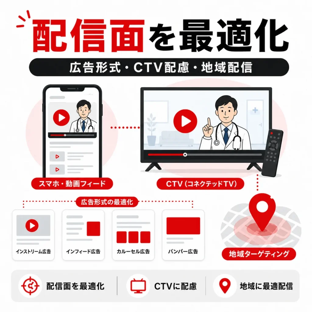 スマホ動画フィードやCTV、地域配信を踏まえて広告配信面を最適化するイラスト