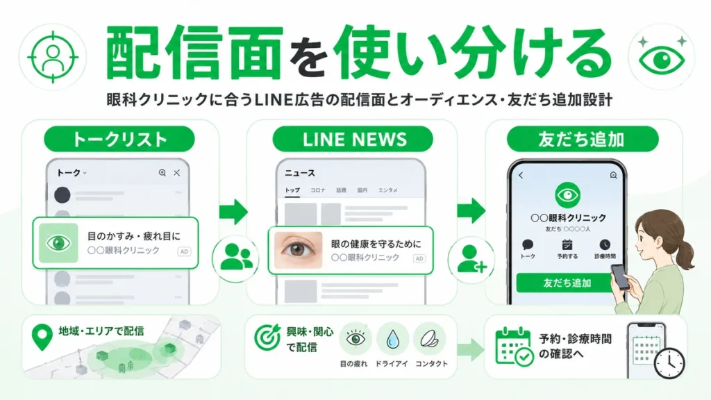眼科クリニックに合うLINE広告の配信面をトークリスト、LINE NEWS、友だち追加で使い分ける設計を示すイラスト