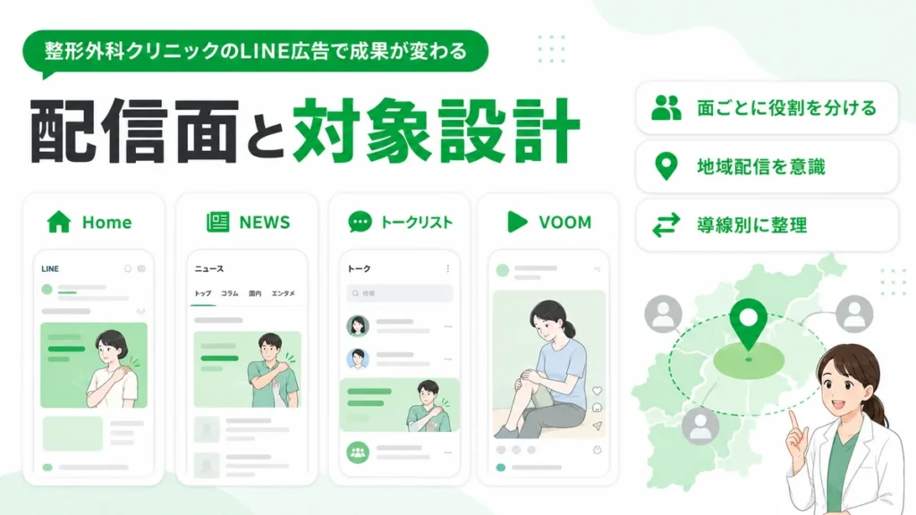配信面とオーディエンス設計でLINE広告の成果が変わることを示すイラスト