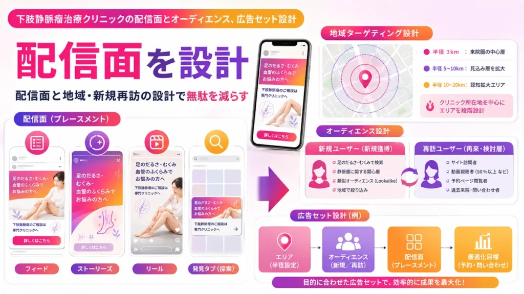 配信面とオーディエンス、広告セット設計を整理したイラスト