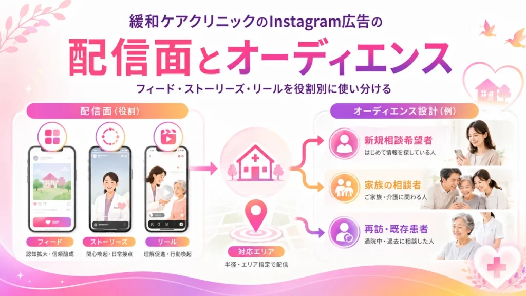 配信面とオーディエンスを分けた緩和ケアInstagram広告設計の図解