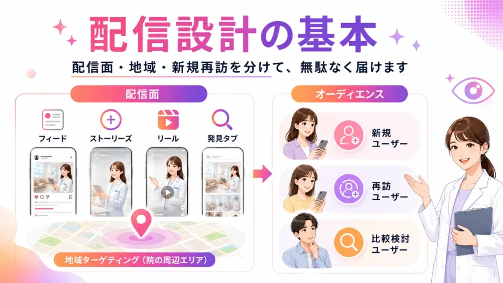 配信面とオーディエンスを分けた眼科広告設計のイラスト