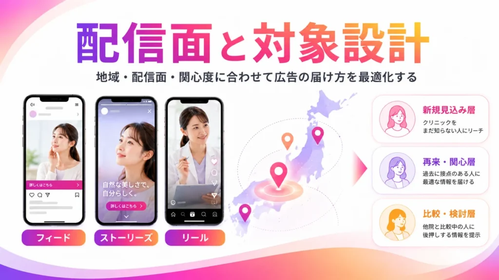 Instagram広告の配信面とオーディエンス設計を分かりやすく示すイラスト