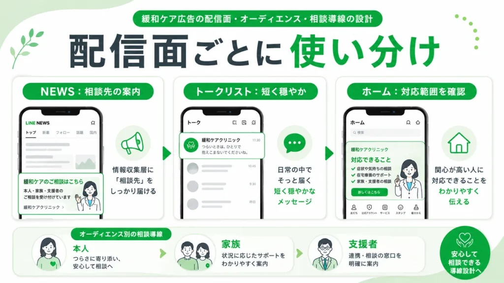 LINE広告の配信面ごとの使い分けと本人・家族・支援者別の相談導線を示す図解