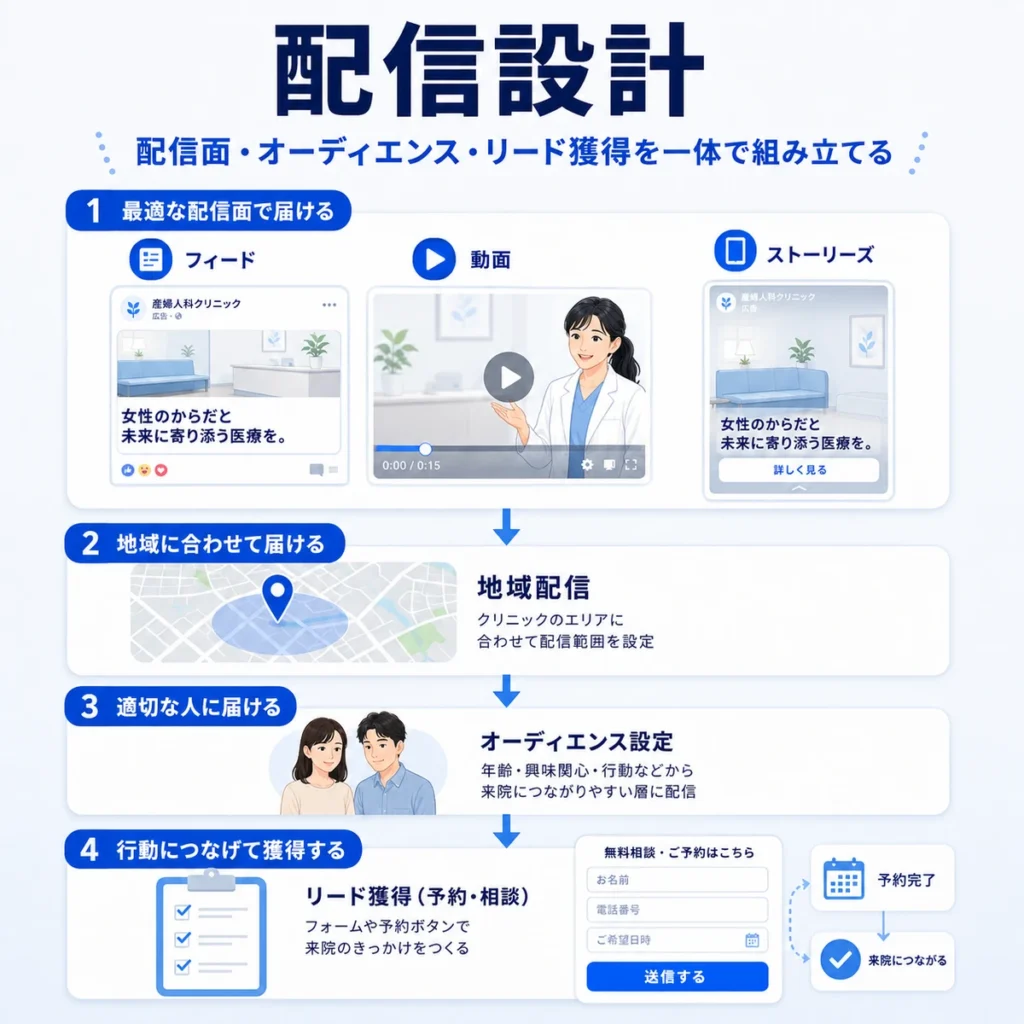 Facebook広告の配信面・地域配信・オーディエンス・リード獲得を一体で設計する流れのイラスト