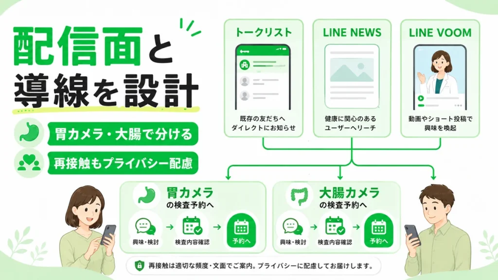 配信面とオーディエンスを設計し胃カメラ・大腸カメラの予約導線へつなげるイラスト