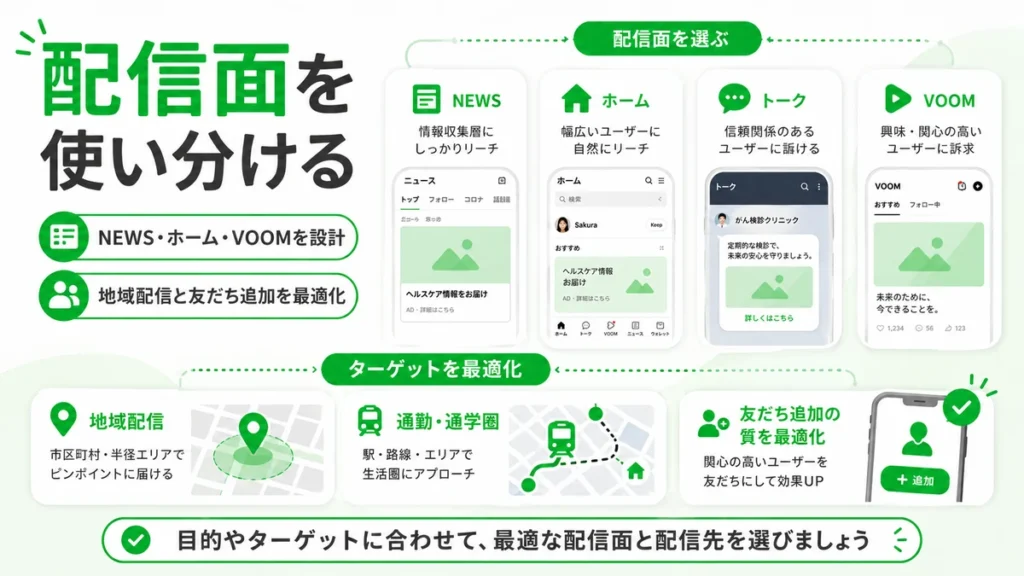 LINE広告の配信面と地域配信、友だち追加を目的に合わせて最適化する考え方を示すイラスト