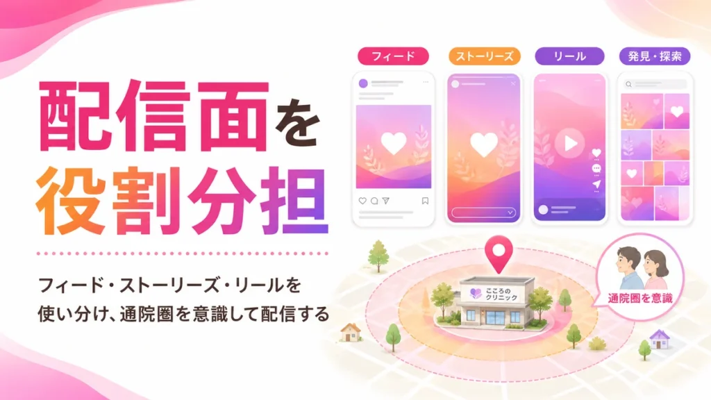 フィードやリールなど配信面の役割分担と通院圏配信の図解