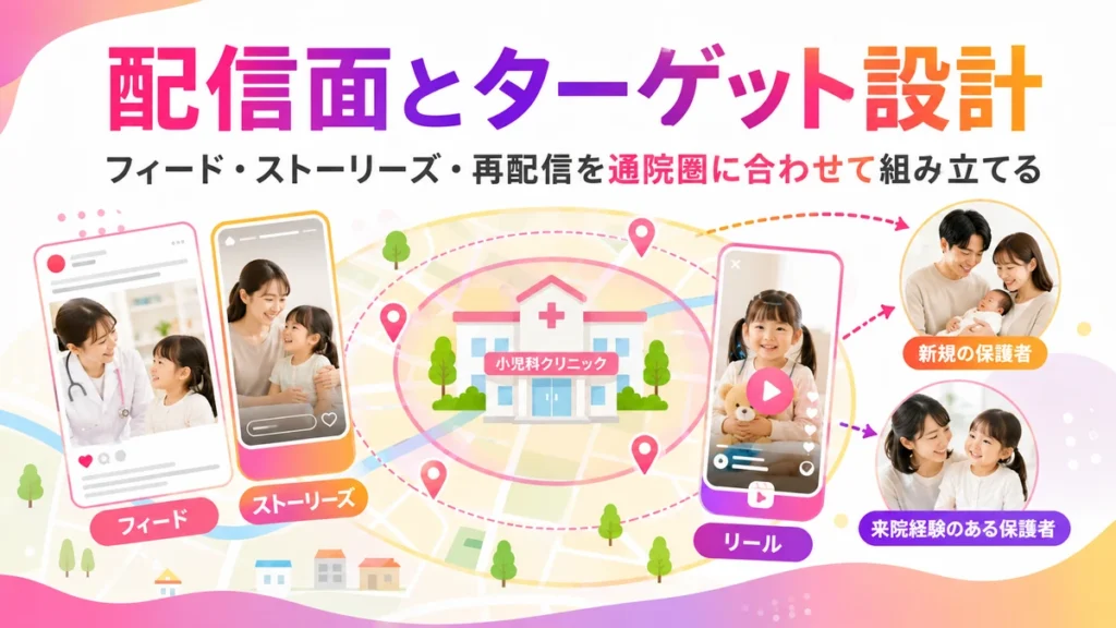 小児科Instagram広告の配信面とオーディエンス設計を示す図
