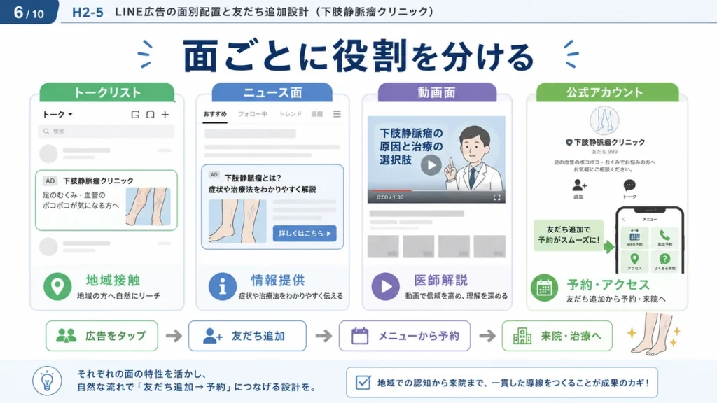 LINE広告の配信面ごとの役割と友だち追加から予約へつなげる導線を示すイラスト