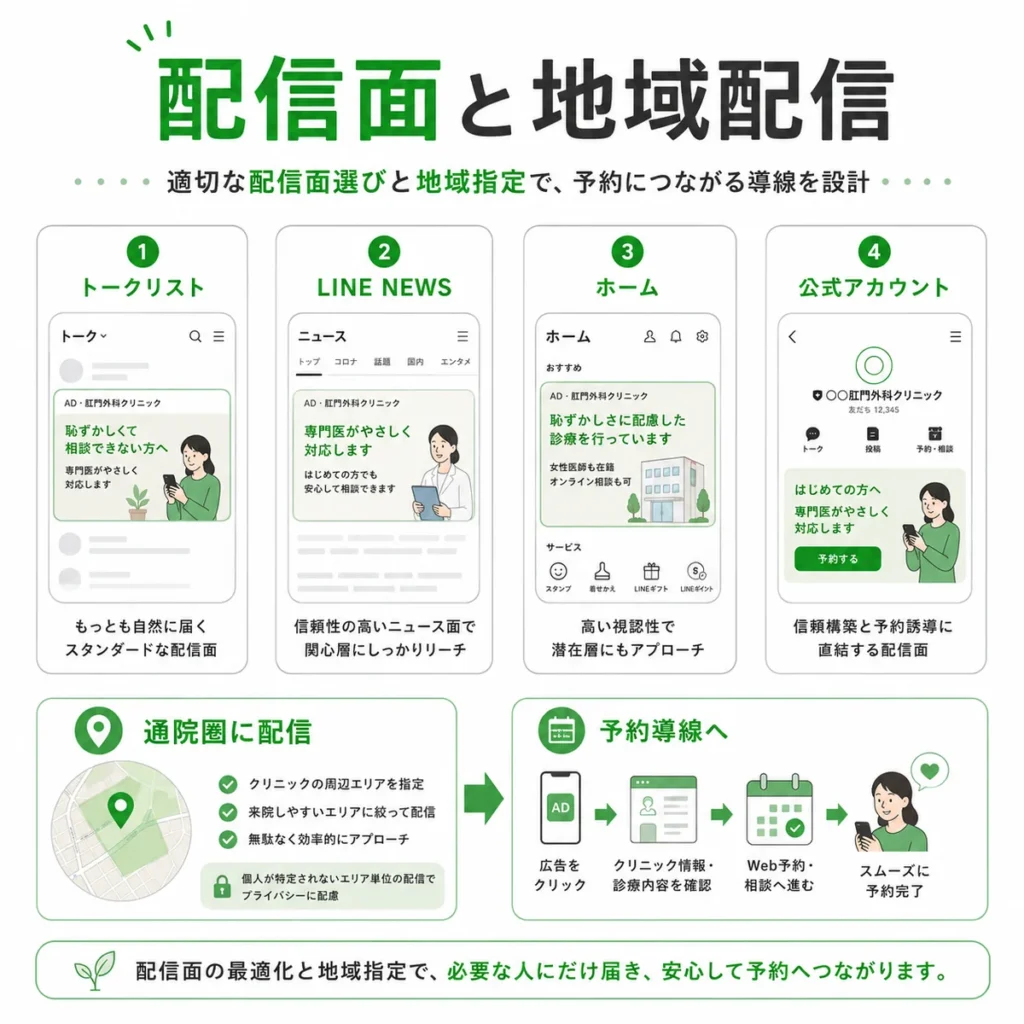 LINE広告の配信面と地域配信を最適化して予約導線へつなげる設計を示すイラスト