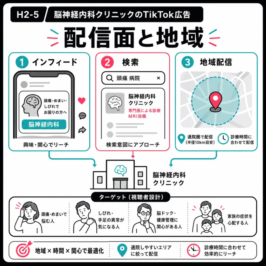 脳神経内科クリニックのTikTok広告における配信面と地域ターゲティングを示すイラスト