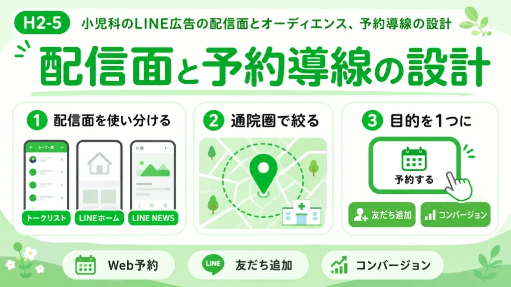 小児科LINE広告の配信面、通院圏、予約導線の設計を示すイラスト