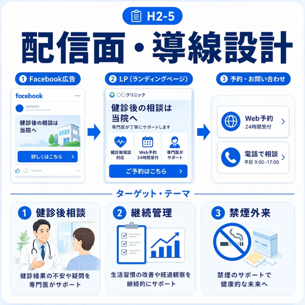 Facebook広告からLP、予約問い合わせまでの配信面と導線設計を示すイラスト