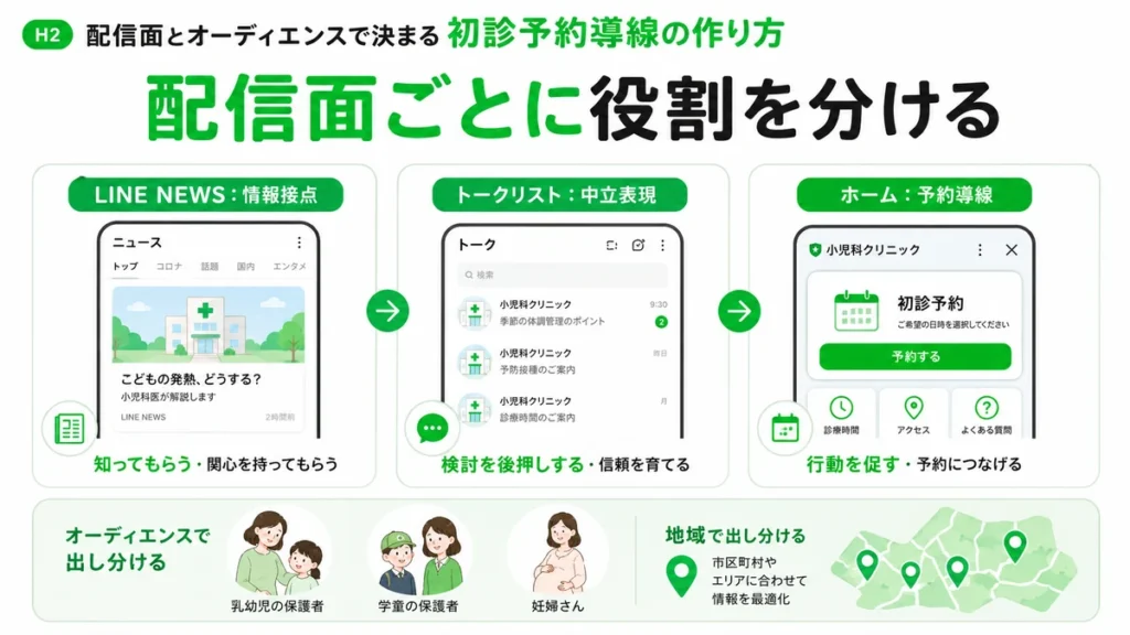 LINE NEWSやトークリストやホームなど配信面ごとに初診予約導線の役割を分けるイラスト