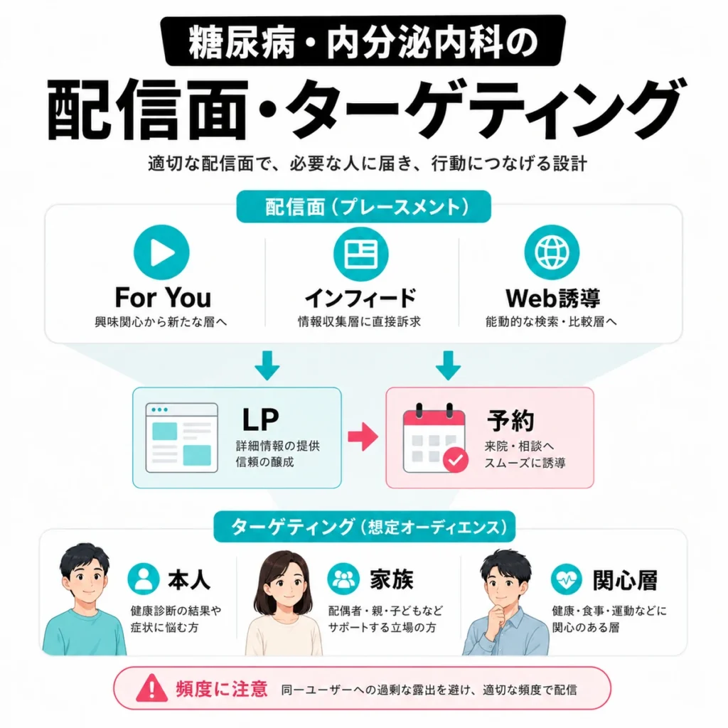 糖尿病・内分泌内科のTikTok広告における配信面とターゲティング、LPから予約への導線を示すイラスト
