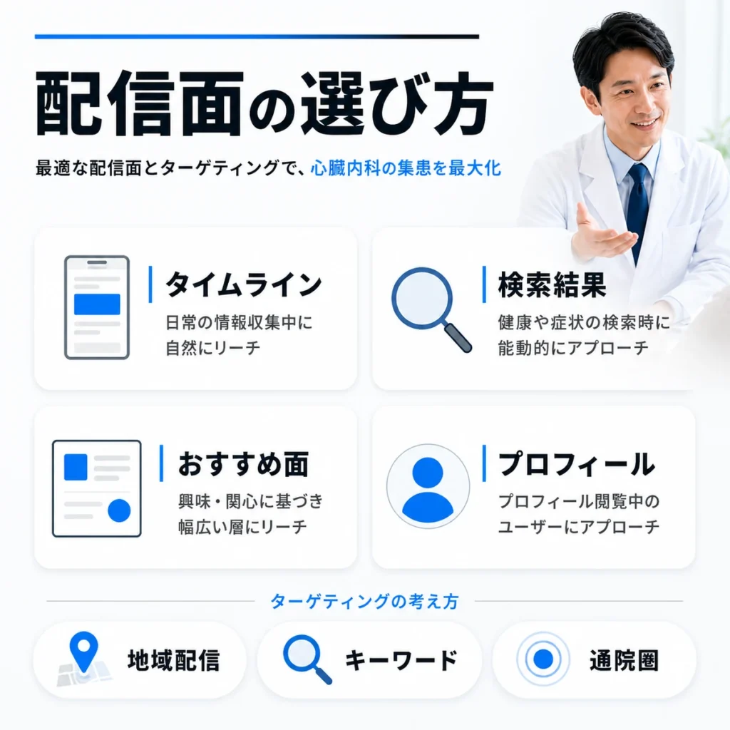 タイムラインや検索結果など循環器内科X広告の配信面とターゲティングを整理したイラスト