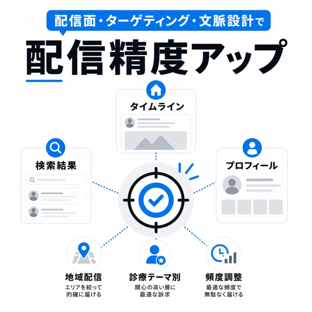 配信面やターゲティング、文脈設計で形成外科のX広告精度を高める方法を示すイラスト