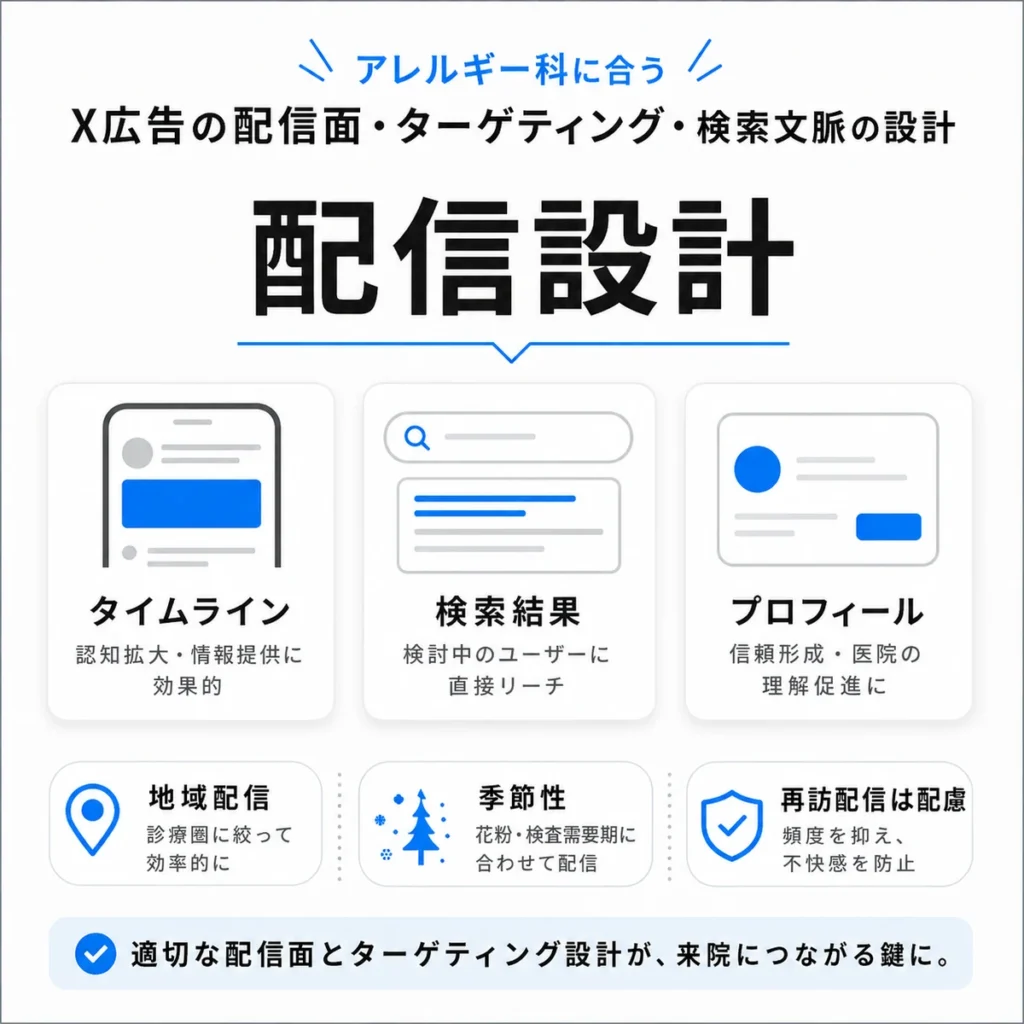 タイムライン、検索結果、プロフィールなどX広告の配信面とターゲティング設計を示すイラスト