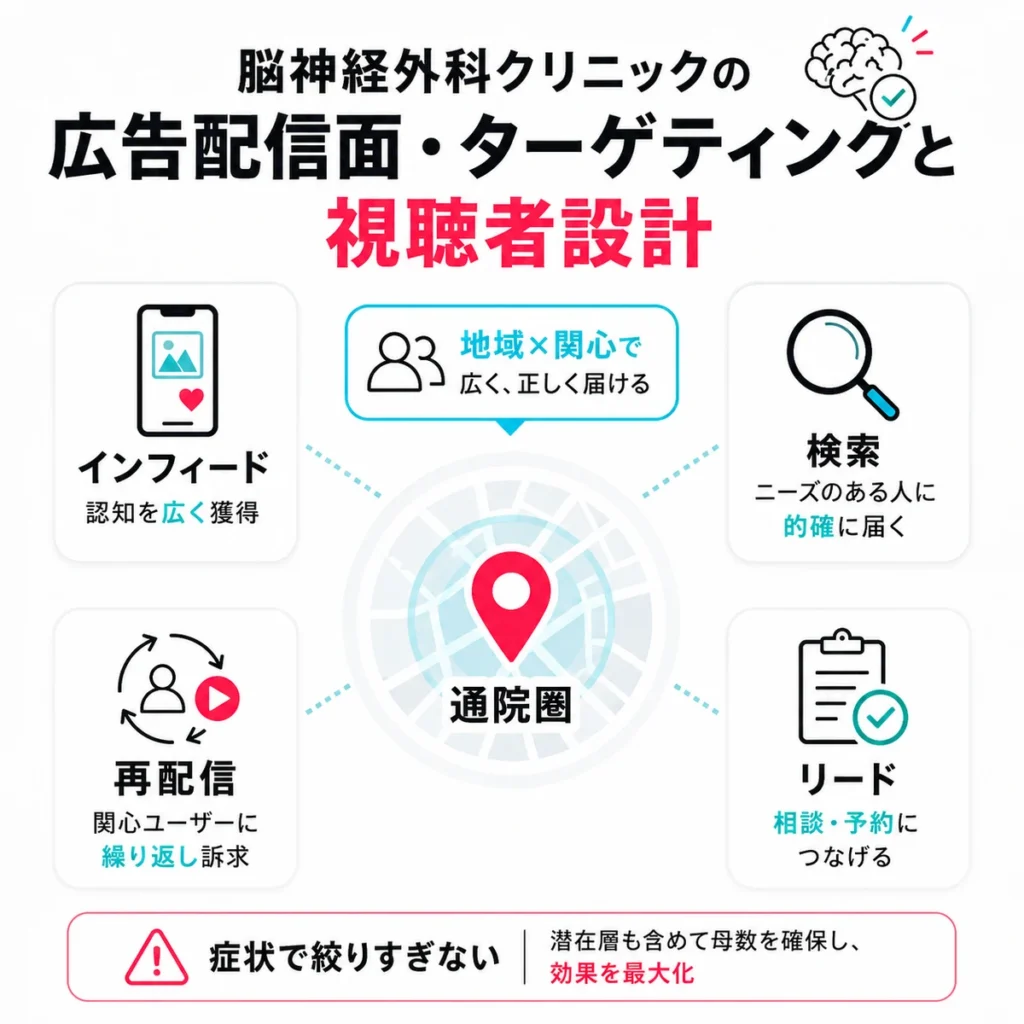 脳神経外科クリニックのTikTok広告配信面とターゲティング設計を示すイラスト
