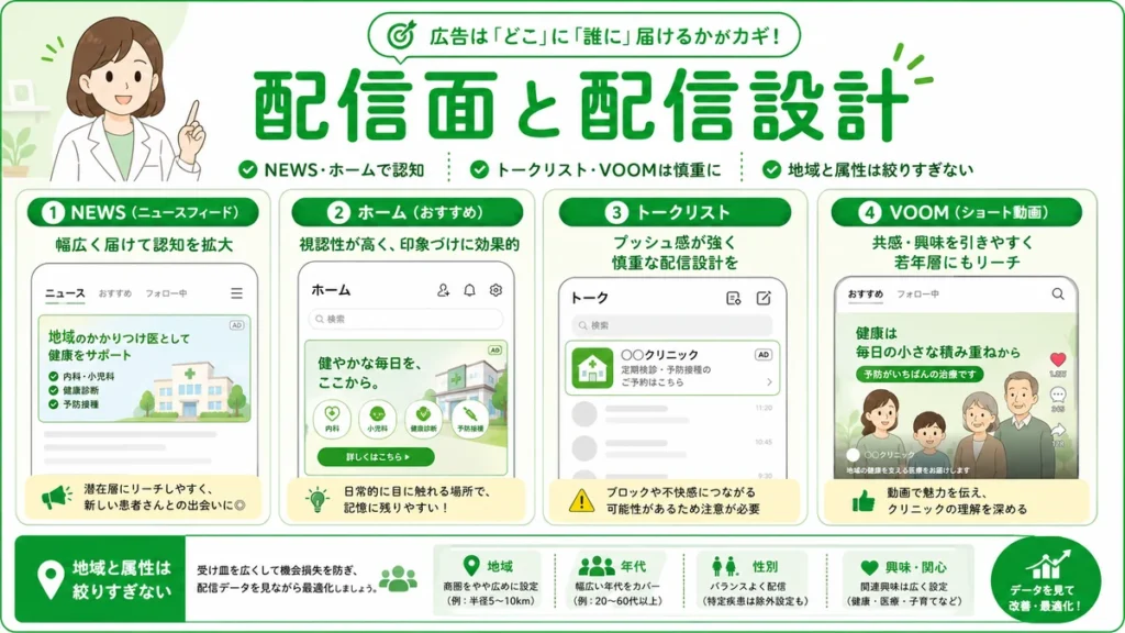 LINE NEWSやホーム、トークリスト、VOOMなど配信面とターゲティング設計の違いを示すイラスト
