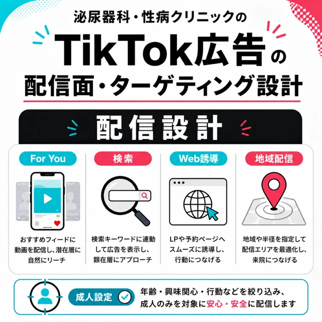 泌尿器科クリニックのTikTok広告における配信面とターゲティング設計を示すイラスト