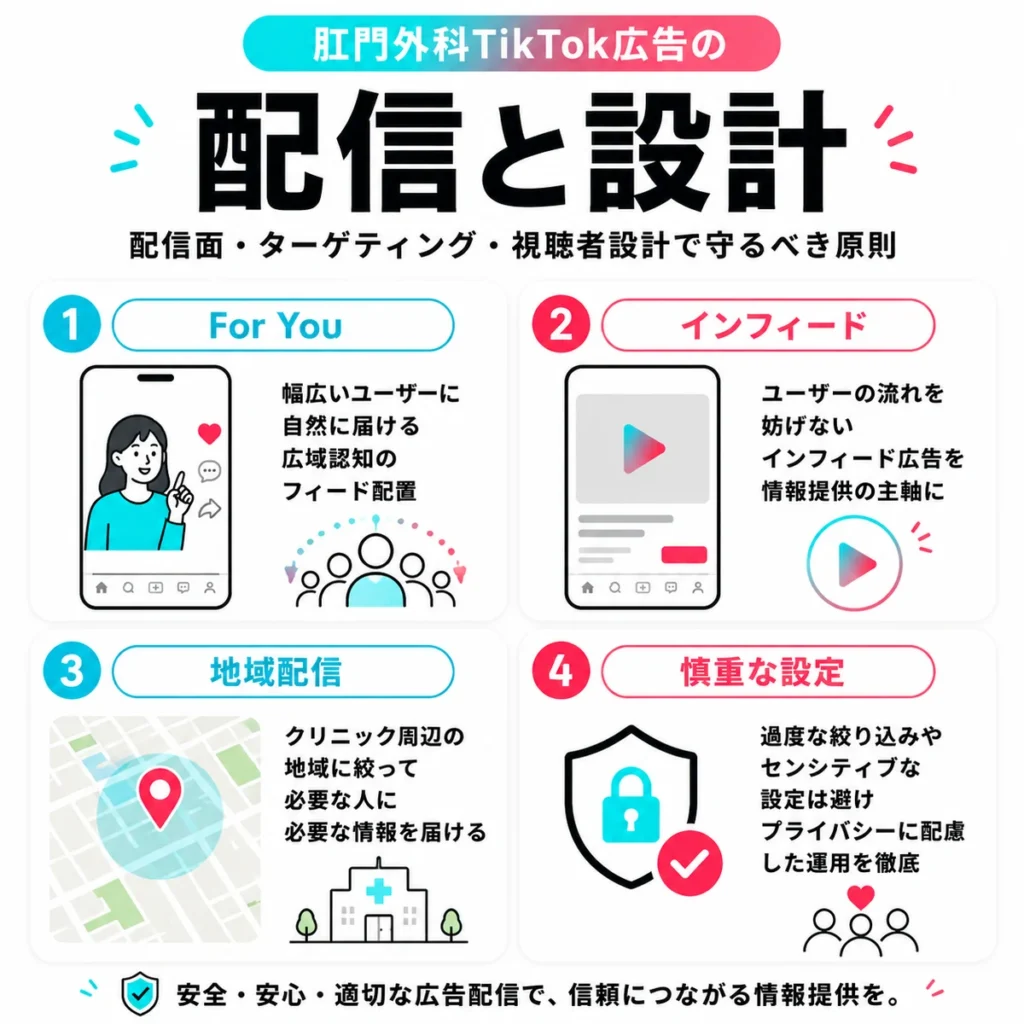 TikTok広告の配信面や地域配信、慎重なターゲティング設計を示すイラスト