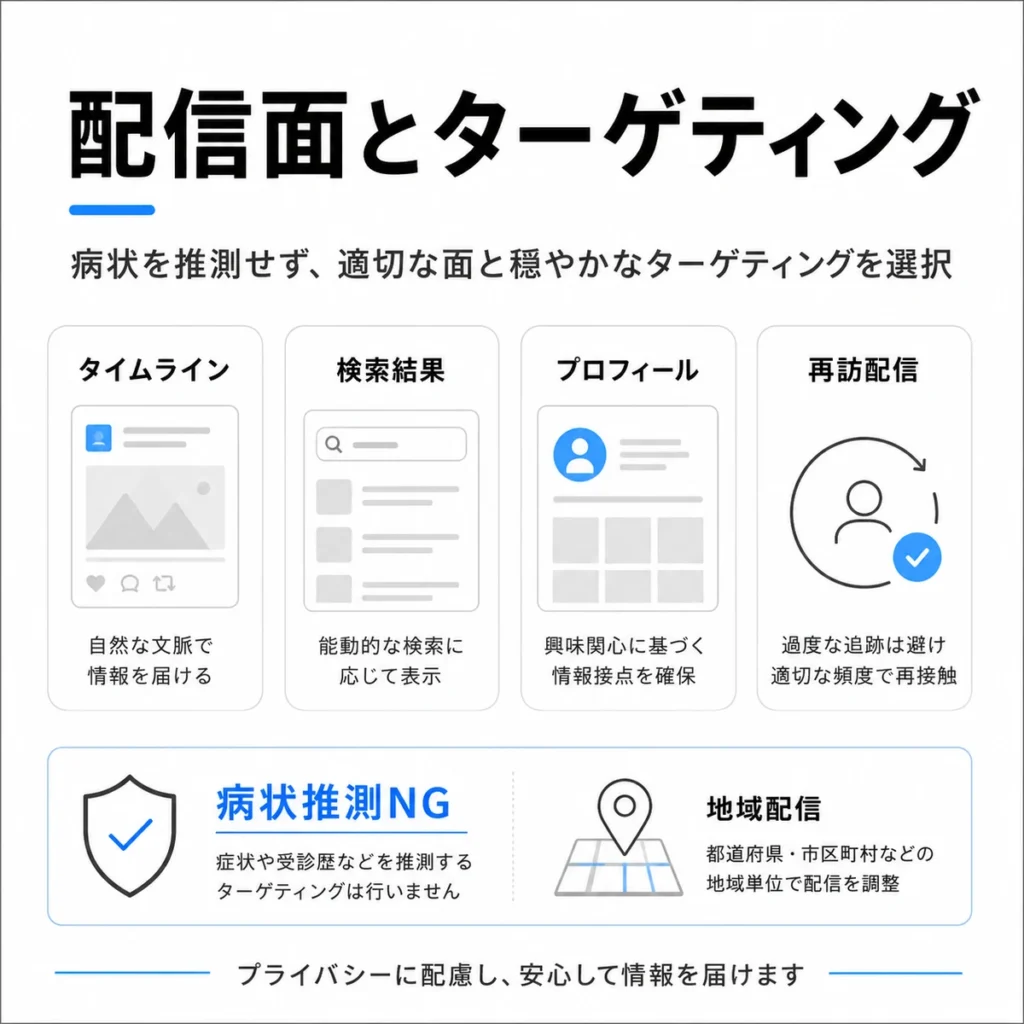 病状推測を避けながらタイムライン、検索結果、プロフィール、再訪配信を設計するX広告の配信面とターゲティングのイラスト