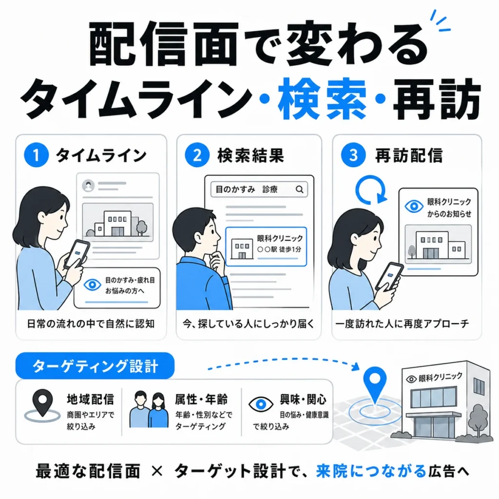 タイムライン、検索結果、再訪配信など配信面ごとの眼科広告ターゲティング設計を示すイラスト