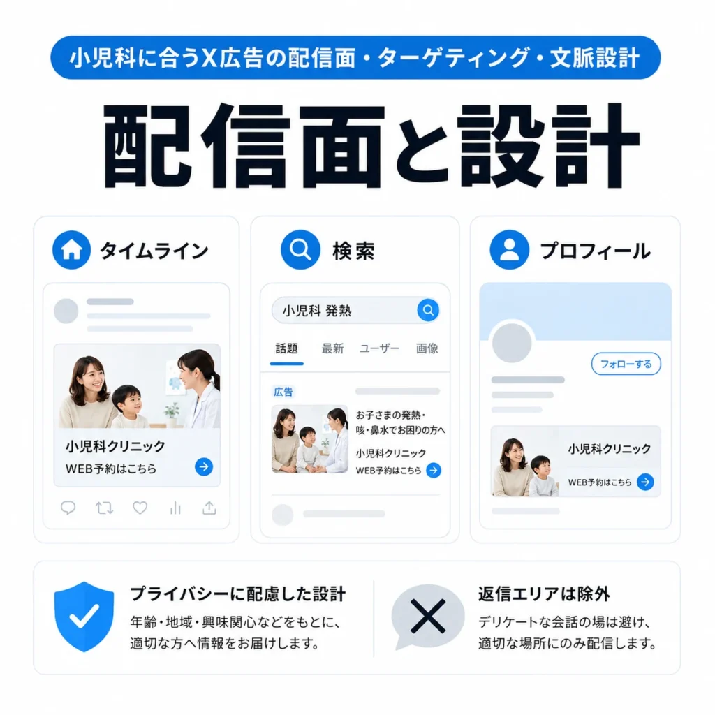 小児科X広告に適した配信面とプライバシーに配慮したターゲティング設計を示すイラスト