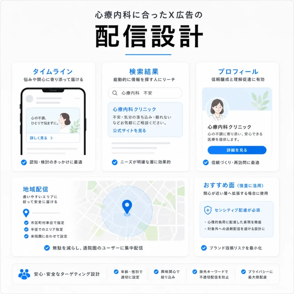 心療内科に合ったX広告の配信面やターゲティング設計を整理したイラスト