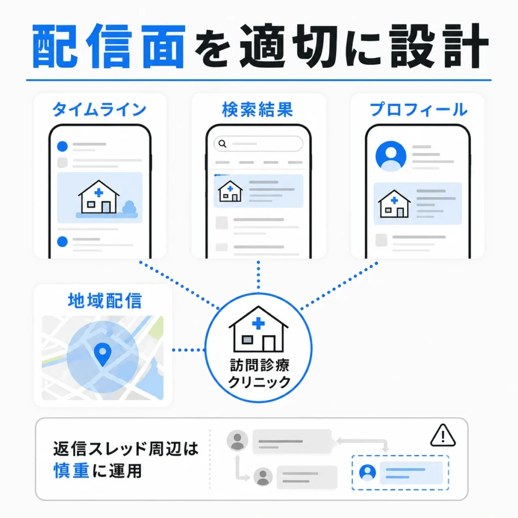 タイムライン・検索結果・プロフィール・地域配信を適切に設計する考え方を示すイラスト