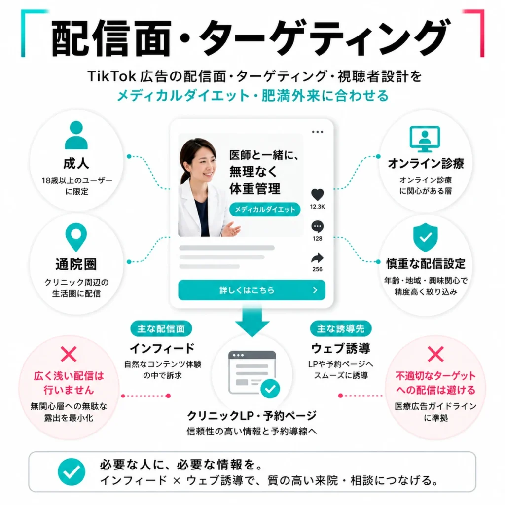 成人や通院圏などに配慮したTikTok広告の配信面とターゲティング設計を示すイラスト